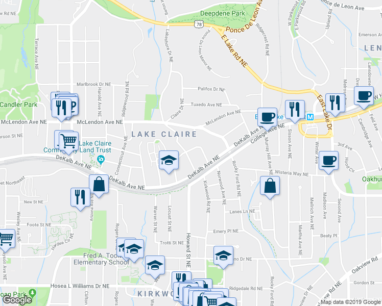 map of restaurants, bars, coffee shops, grocery stores, and more near 307 Oxford Place Northeast in Atlanta