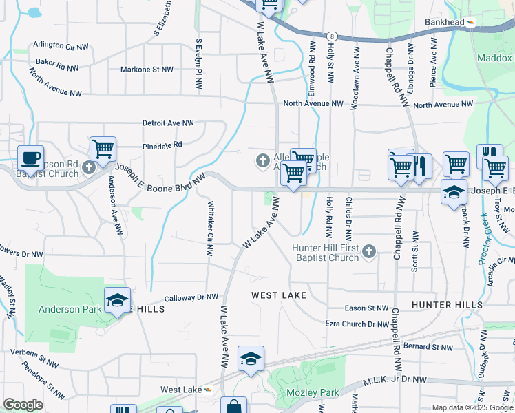 map of restaurants, bars, coffee shops, grocery stores, and more near 1705 Ezra Church Drive Northwest in Atlanta