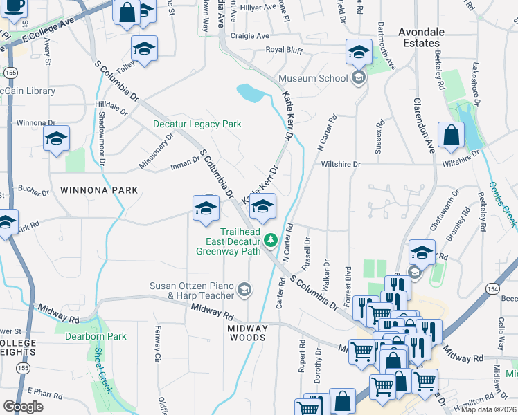 map of restaurants, bars, coffee shops, grocery stores, and more near 838 South Columbia Drive in Decatur