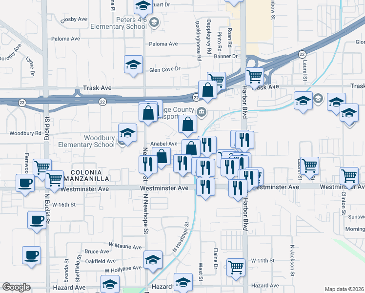 map of restaurants, bars, coffee shops, grocery stores, and more near 11702 Anabel Avenue in Garden Grove