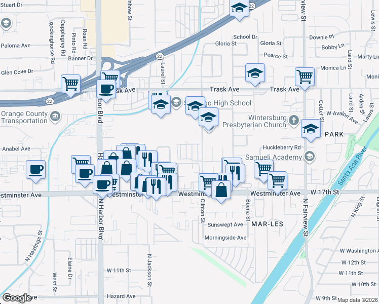 map of restaurants, bars, coffee shops, grocery stores, and more near 12453 Bay Hill Court in Garden Grove