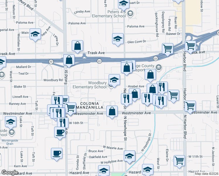 map of restaurants, bars, coffee shops, grocery stores, and more near 11362 Woodbury Road in Garden Grove