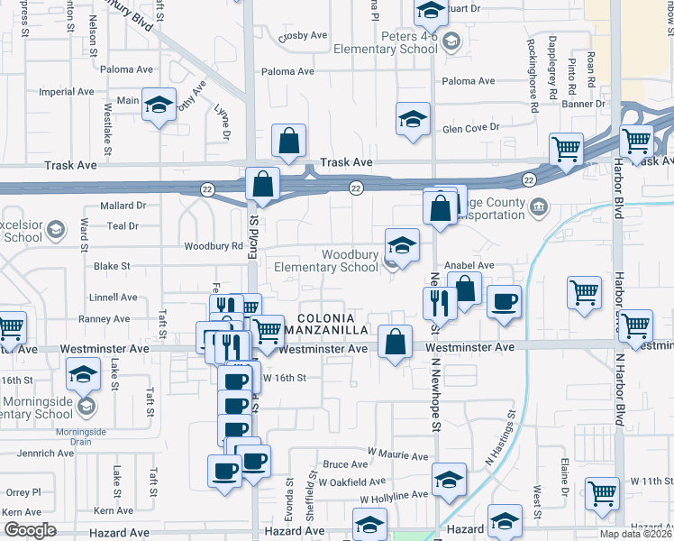 map of restaurants, bars, coffee shops, grocery stores, and more near 13800 Rosita Place in Garden Grove