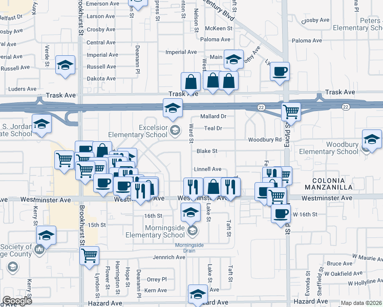 map of restaurants, bars, coffee shops, grocery stores, and more near 13801 Howard Circle in Garden Grove