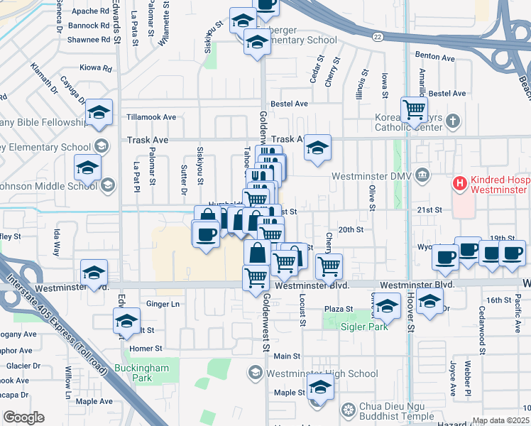 map of restaurants, bars, coffee shops, grocery stores, and more near 13771 Pine Street in Westminster