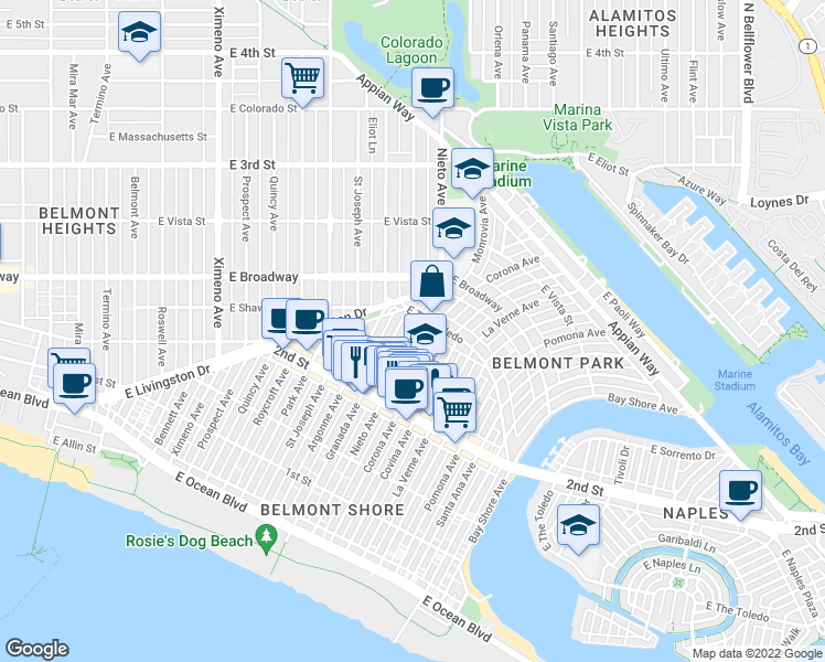 map of restaurants, bars, coffee shops, grocery stores, and more near 234 Nieto Avenue in Long Beach