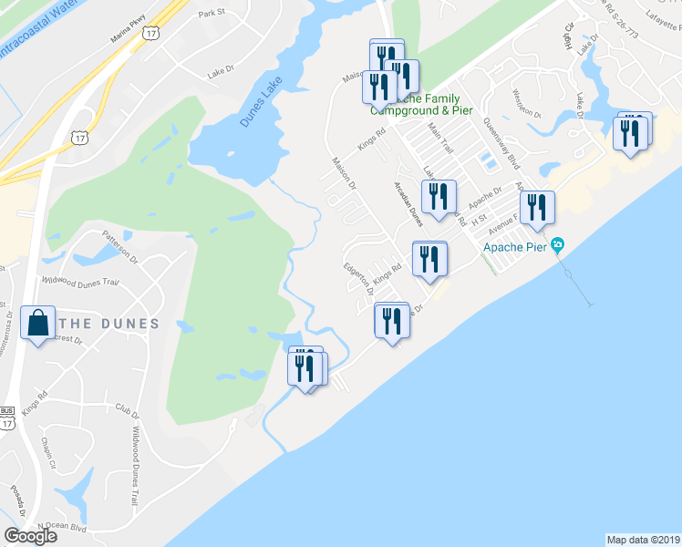 map of restaurants, bars, coffee shops, grocery stores, and more near 47 Marshland Court in Myrtle Beach