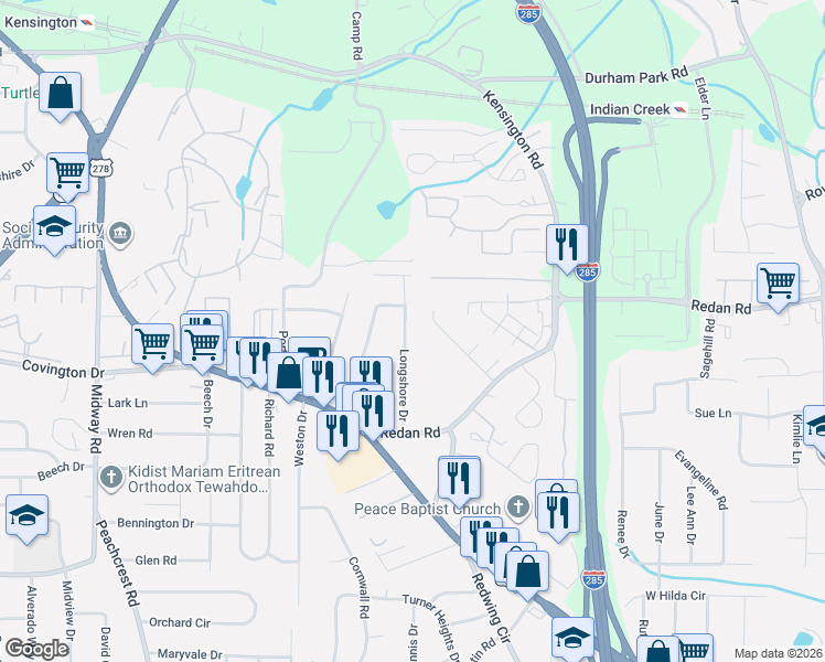map of restaurants, bars, coffee shops, grocery stores, and more near 1109 Longshore Drive in Decatur