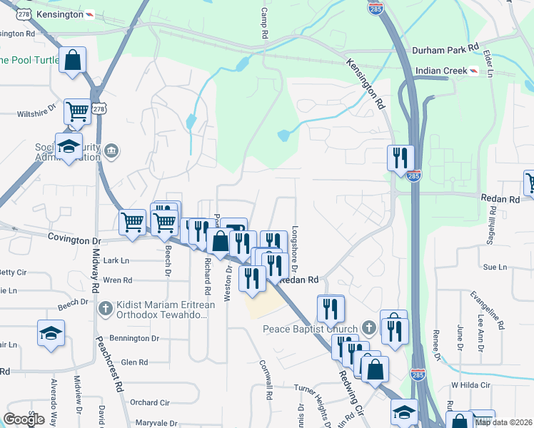 map of restaurants, bars, coffee shops, grocery stores, and more near 1111 Canal Street in Decatur