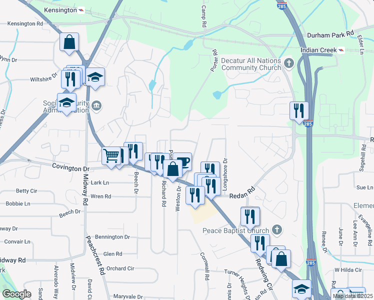 map of restaurants, bars, coffee shops, grocery stores, and more near 3588 Swallow Lane in Decatur