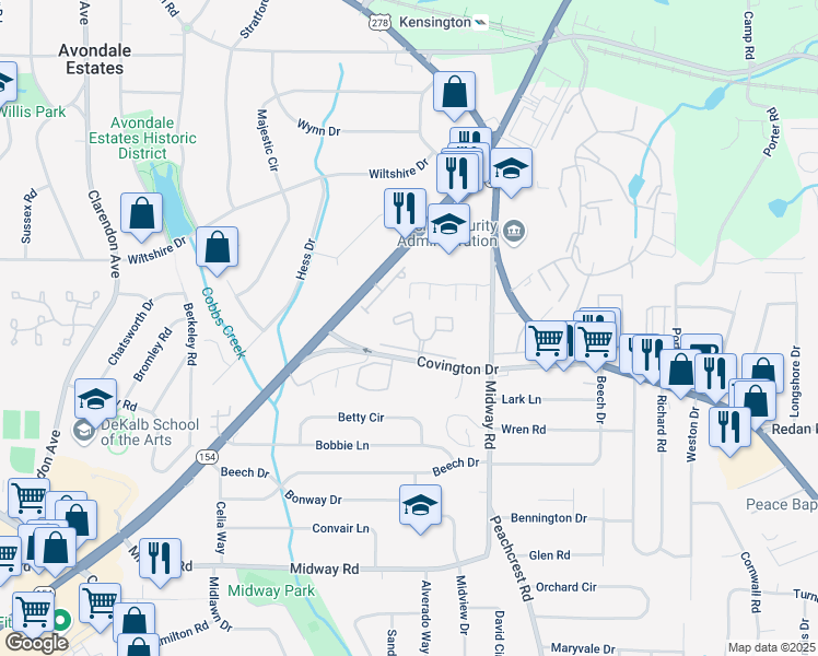 map of restaurants, bars, coffee shops, grocery stores, and more near 3278 Covington Drive in Decatur