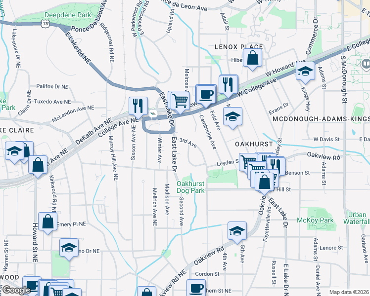 map of restaurants, bars, coffee shops, grocery stores, and more near 250 East Lake Drive in Decatur
