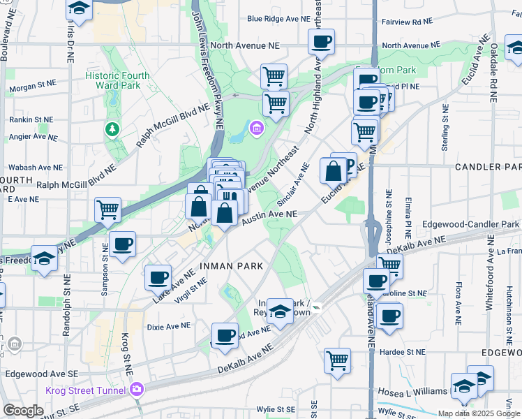 map of restaurants, bars, coffee shops, grocery stores, and more near 958 Austin Avenue Northeast in Atlanta