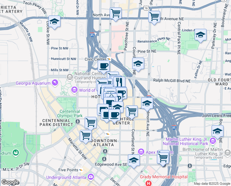 map of restaurants, bars, coffee shops, grocery stores, and more near in Atlanta