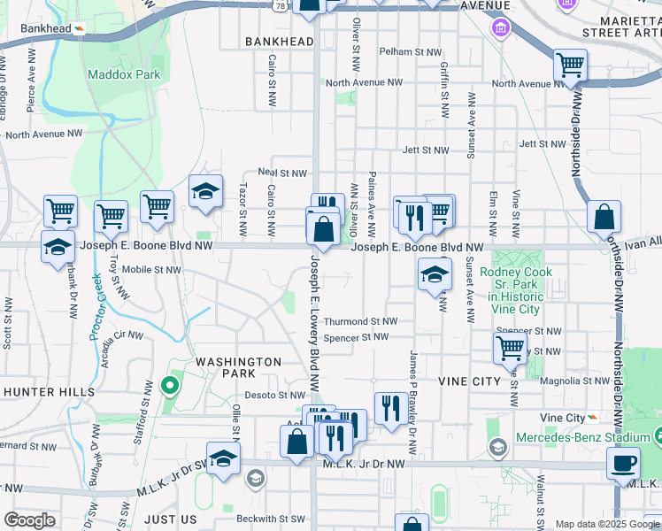 map of restaurants, bars, coffee shops, grocery stores, and more near 263 Joseph E. Lowery Boulevard Northwest in Atlanta