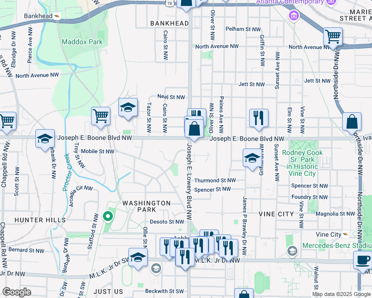 map of restaurants, bars, coffee shops, grocery stores, and more near 290 Joseph E. Lowery Boulevard Northwest in Atlanta