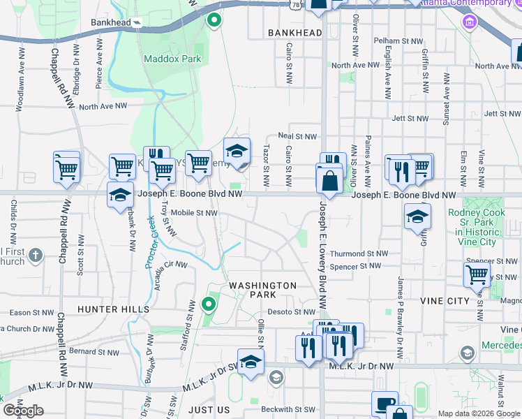 map of restaurants, bars, coffee shops, grocery stores, and more near 1070 Mayson Turner Road Northwest in Atlanta
