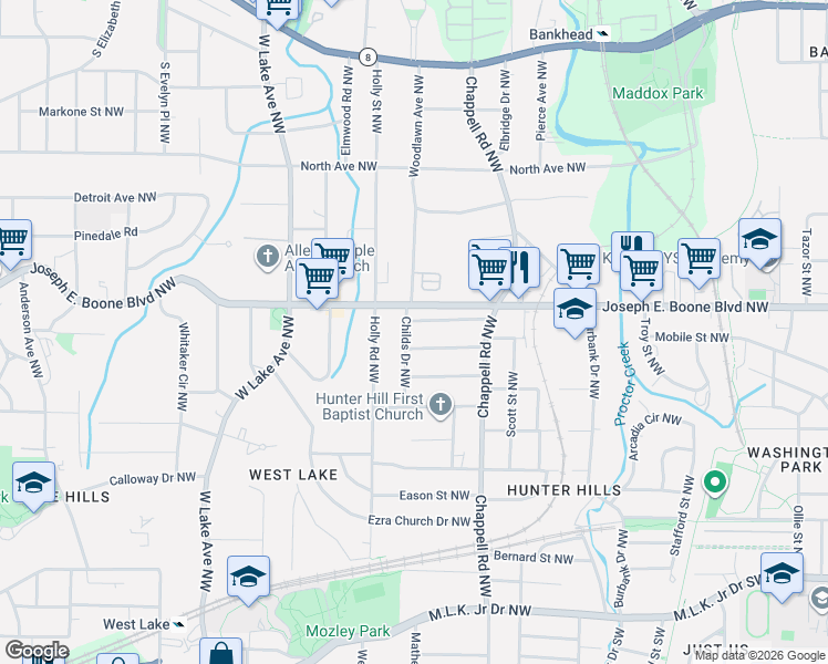 map of restaurants, bars, coffee shops, grocery stores, and more near 251 Childs Drive Northwest in Atlanta