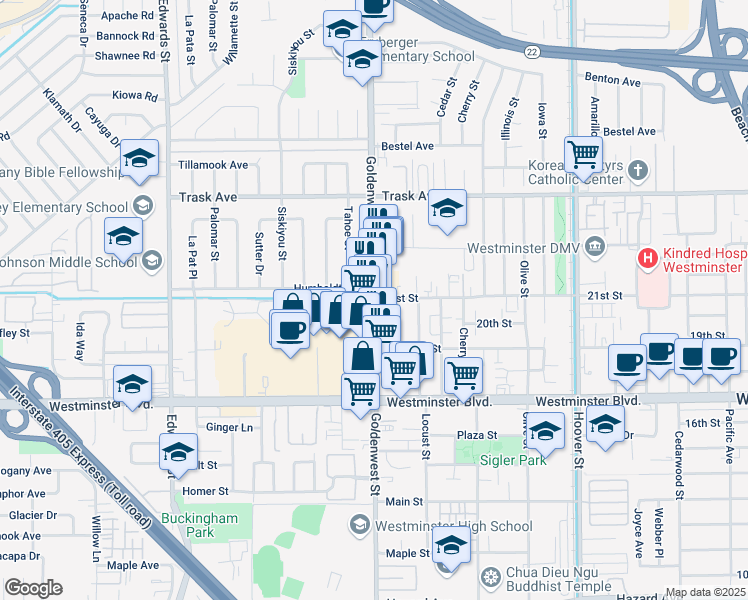 map of restaurants, bars, coffee shops, grocery stores, and more near Goldenwest Street & Westpark Place in Westminster