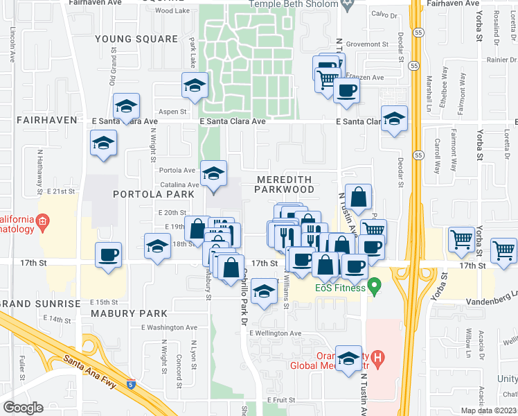 map of restaurants, bars, coffee shops, grocery stores, and more near 1919 Sherry Lane in Santa Ana