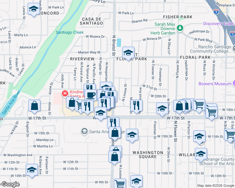 map of restaurants, bars, coffee shops, grocery stores, and more near 1910 North Greenbrier Street in Santa Ana