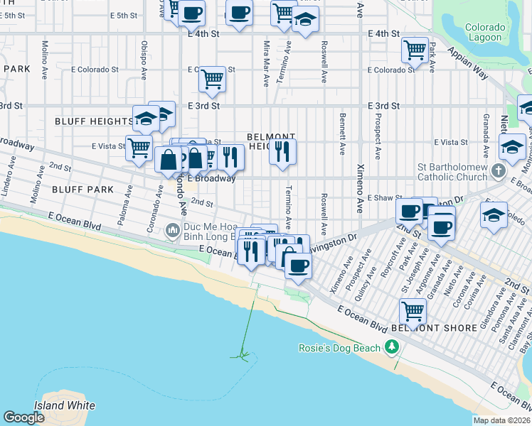 map of restaurants, bars, coffee shops, grocery stores, and more near 3833 2nd Street in Long Beach