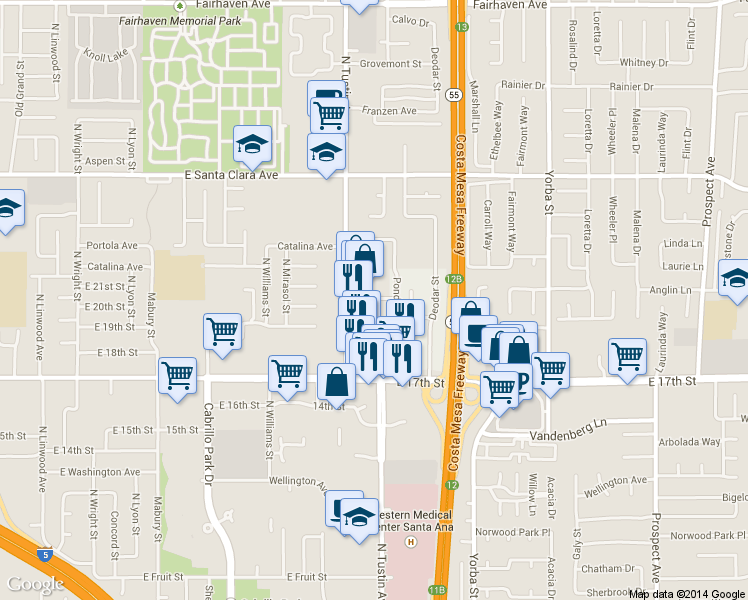 map of restaurants, bars, coffee shops, grocery stores, and more near 2232 Lenita Lane in Santa Ana