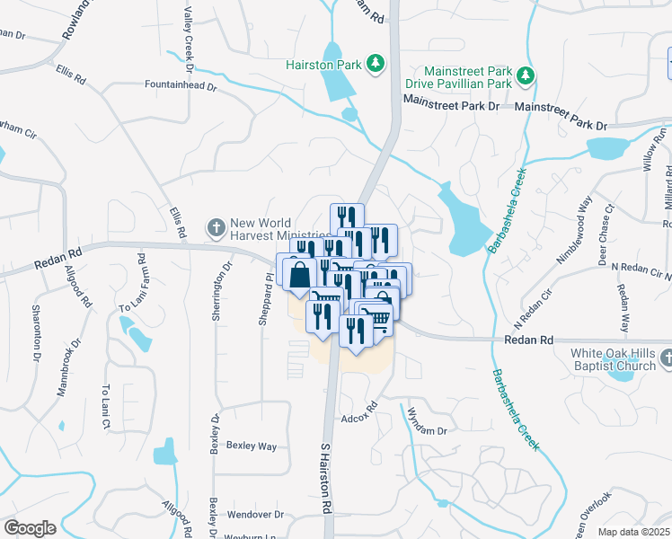 map of restaurants, bars, coffee shops, grocery stores, and more near 1147 South Hairston Road in Stone Mountain