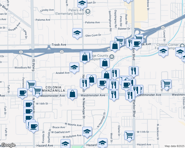 map of restaurants, bars, coffee shops, grocery stores, and more near 11612 Anabel Avenue in Garden Grove