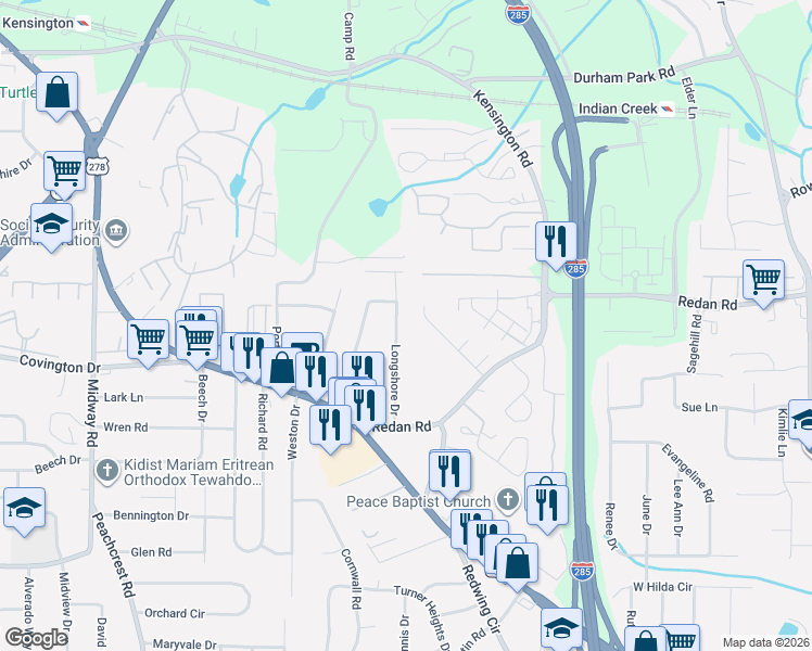 map of restaurants, bars, coffee shops, grocery stores, and more near 3715 Oakwood Manor in Decatur