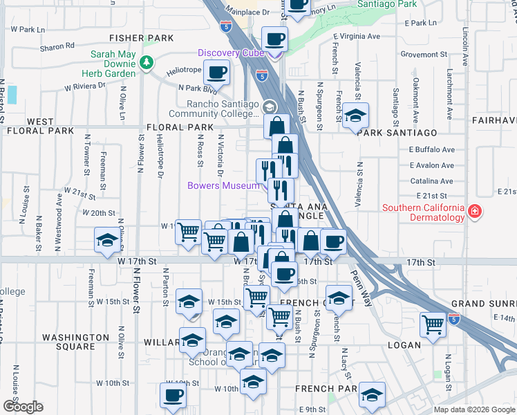 map of restaurants, bars, coffee shops, grocery stores, and more near 119 West 19th Street in Santa Ana