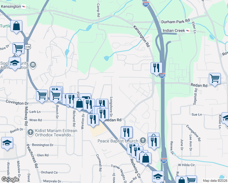 map of restaurants, bars, coffee shops, grocery stores, and more near 1109 Longshore Drive in Decatur