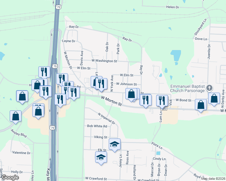 map of restaurants, bars, coffee shops, grocery stores, and more near 2631 West Walker Street in Denison