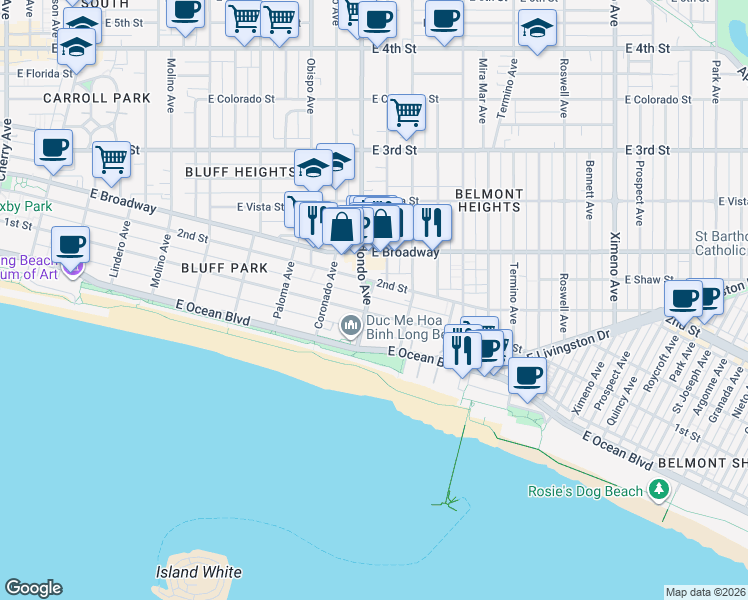 map of restaurants, bars, coffee shops, grocery stores, and more near 108 Redondo Avenue in Long Beach