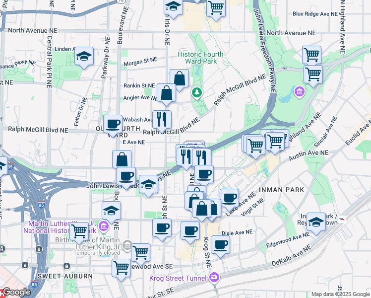 map of restaurants, bars, coffee shops, grocery stores, and more near 647 East Avenue Northeast in Atlanta