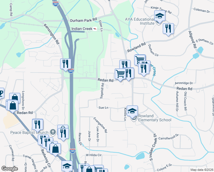 map of restaurants, bars, coffee shops, grocery stores, and more near 1076 Crossings Court in Stone Mountain