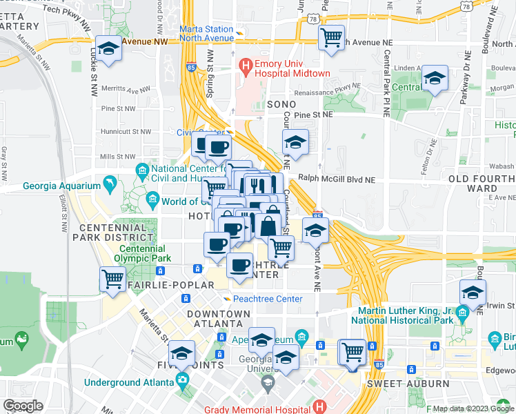 map of restaurants, bars, coffee shops, grocery stores, and more near 303 Peachtree Street in Atlanta