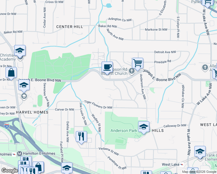 map of restaurants, bars, coffee shops, grocery stores, and more near 2085 Bethel Drive Northwest in Atlanta