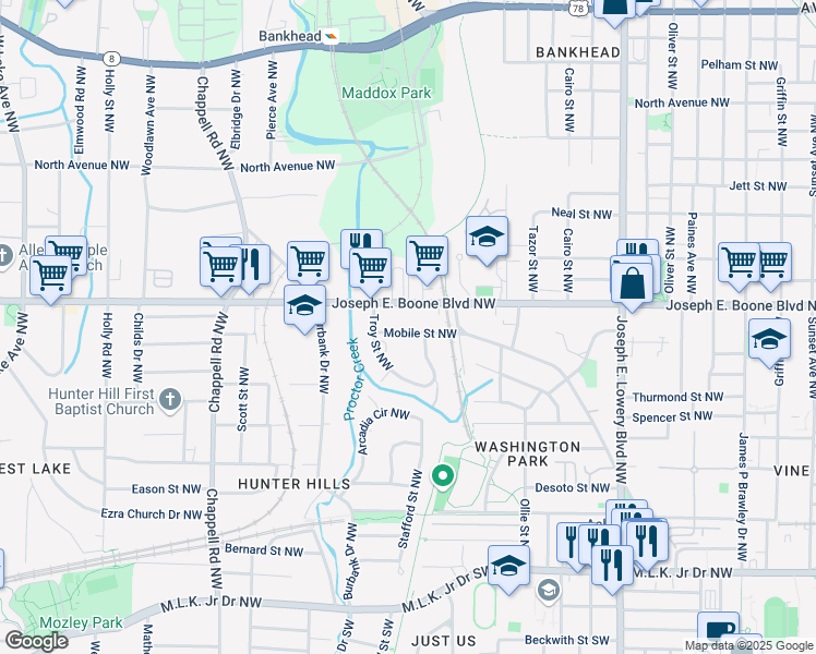 map of restaurants, bars, coffee shops, grocery stores, and more near 1183 Mobile Street Northwest in Atlanta