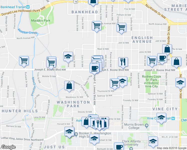 map of restaurants, bars, coffee shops, grocery stores, and more near 290 Joseph E. Lowery Boulevard Northwest in Atlanta