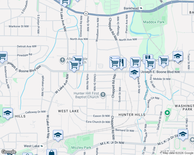 map of restaurants, bars, coffee shops, grocery stores, and more near 251 Childs Drive Northwest in Atlanta