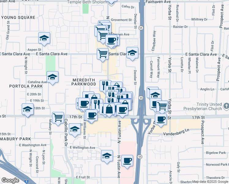 map of restaurants, bars, coffee shops, grocery stores, and more near 2221 East Lenita Lane in Santa Ana
