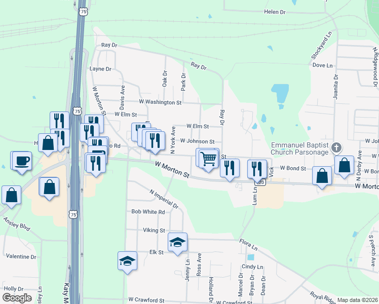 map of restaurants, bars, coffee shops, grocery stores, and more near 2614 West Johnson Street in Denison