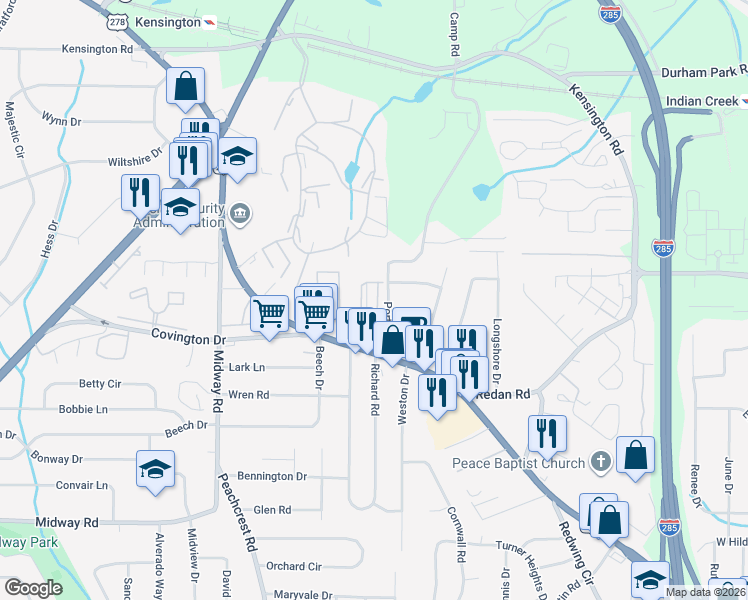 map of restaurants, bars, coffee shops, grocery stores, and more near 3557 Dove Valley Way in Decatur