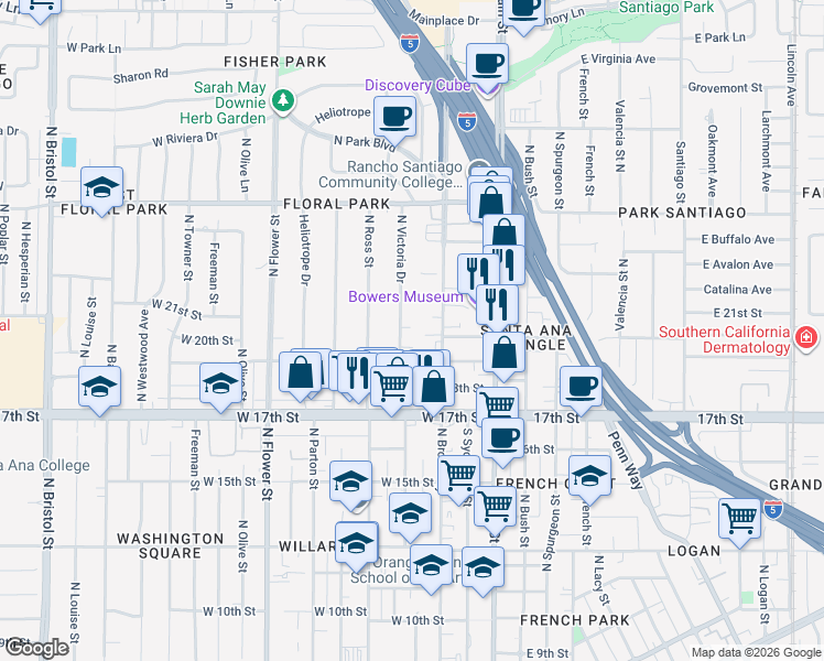 map of restaurants, bars, coffee shops, grocery stores, and more near 2003 North Victoria Drive in Santa Ana