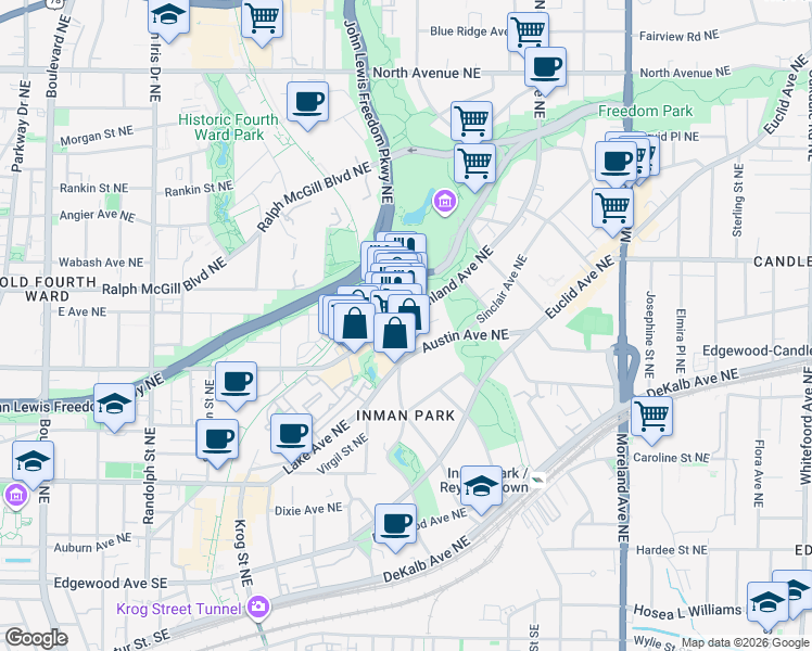 map of restaurants, bars, coffee shops, grocery stores, and more near 309 North Highland Avenue Northeast in Atlanta