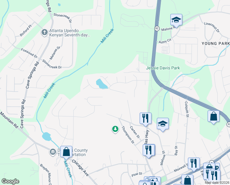 map of restaurants, bars, coffee shops, grocery stores, and more near 7913 Lake Stone Circle in Douglasville
