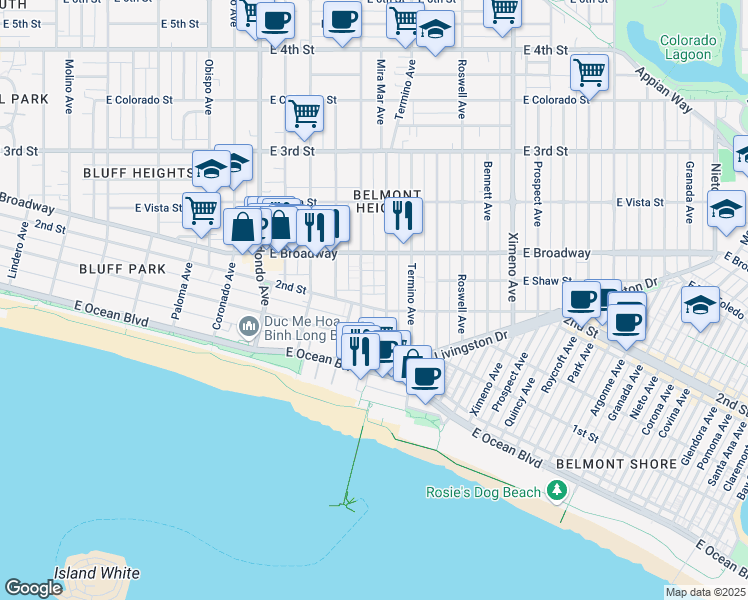 map of restaurants, bars, coffee shops, grocery stores, and more near 215 Mira Mar Avenue in Long Beach
