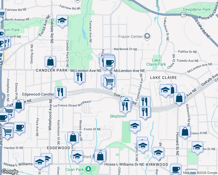 map of restaurants, bars, coffee shops, grocery stores, and more near 337 Clifton Road Northeast in Atlanta