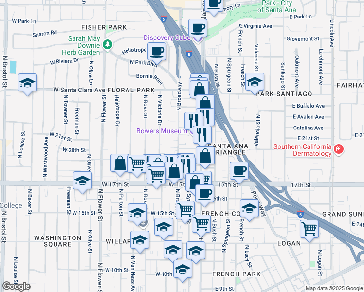 map of restaurants, bars, coffee shops, grocery stores, and more near 2024 North Broadway in Santa Ana